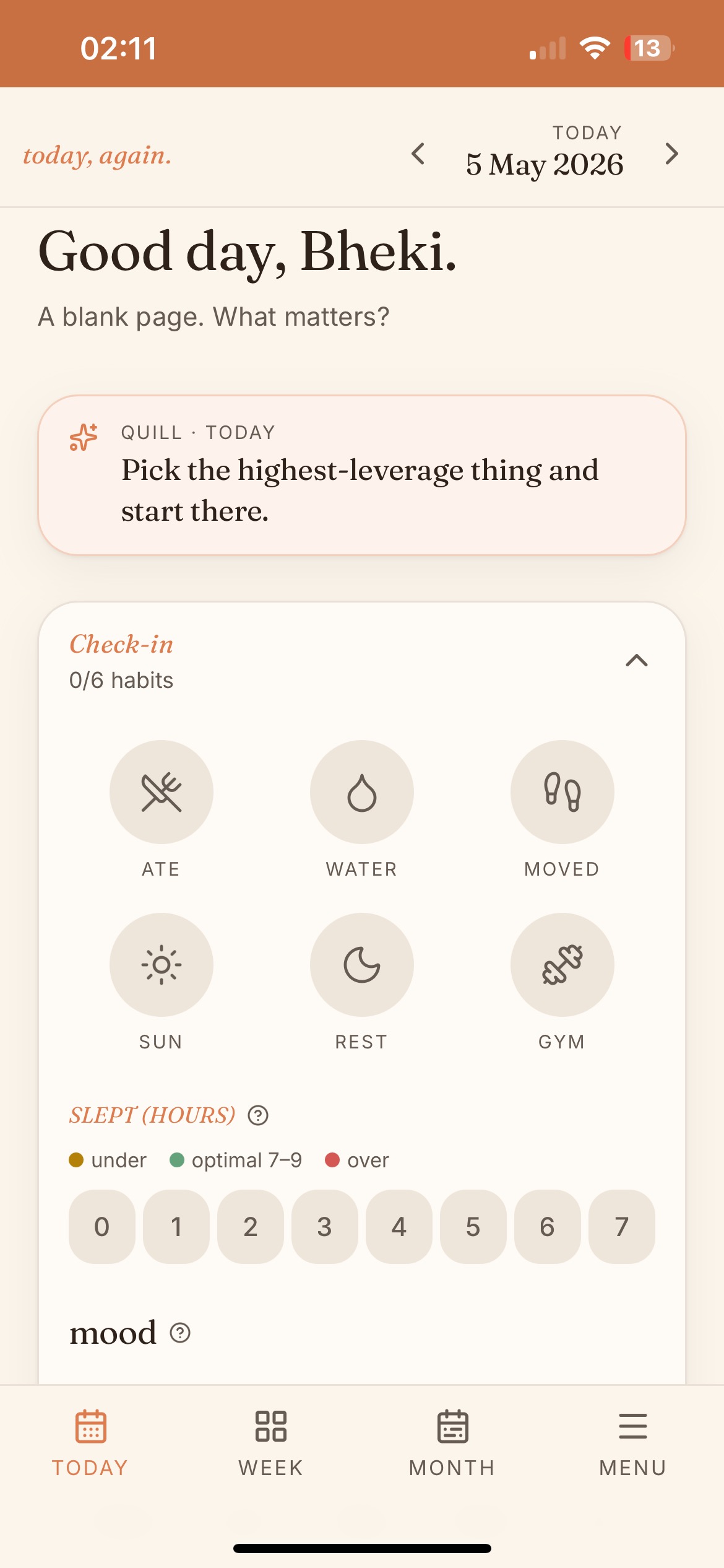 today, again. — calm daily planner web app
